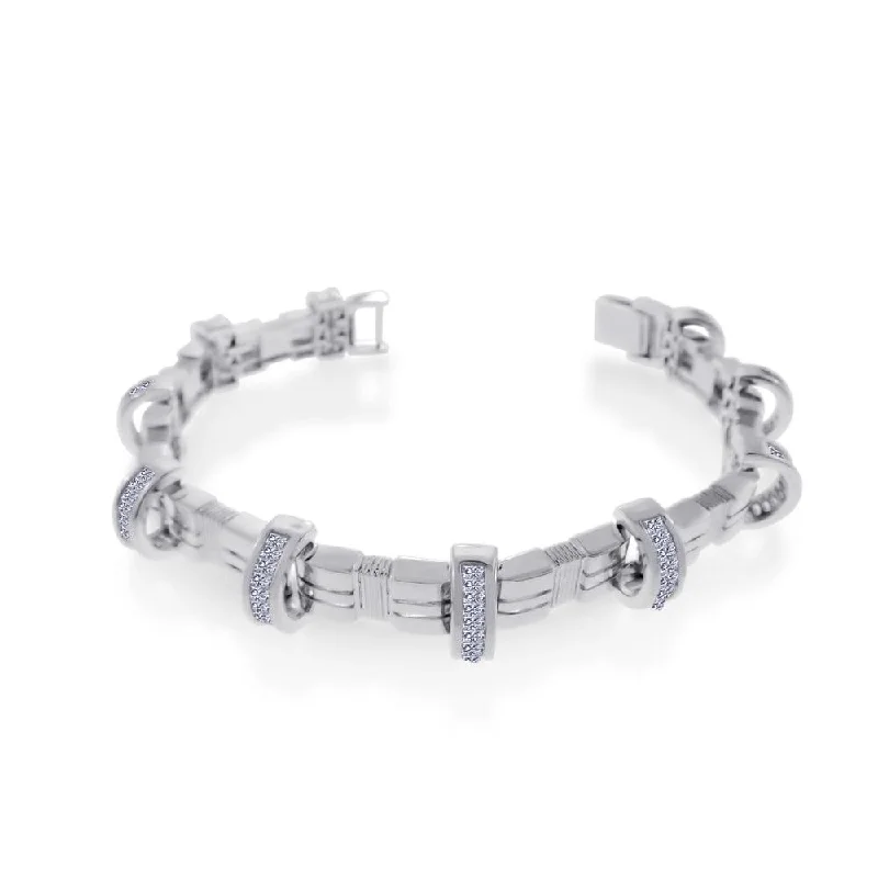 Men's Rhodium Plated 925 Sterling Silver CZ Encrusted Arc Bracelet - STBM0003