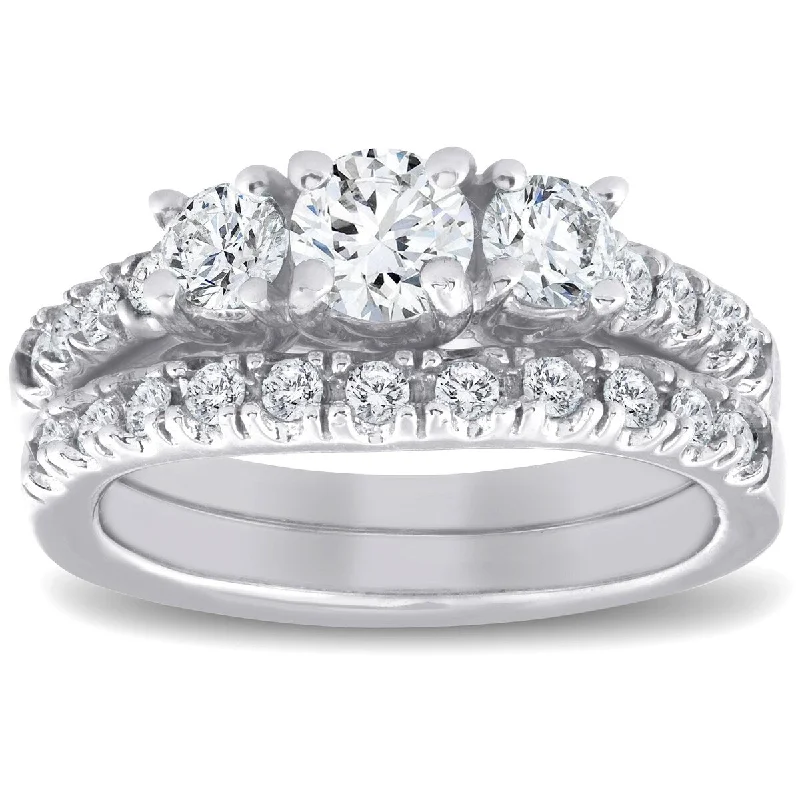 1 1/2 ct 3-Stone Diamond Engagement Ring Matching Wedding Band Set White Gold