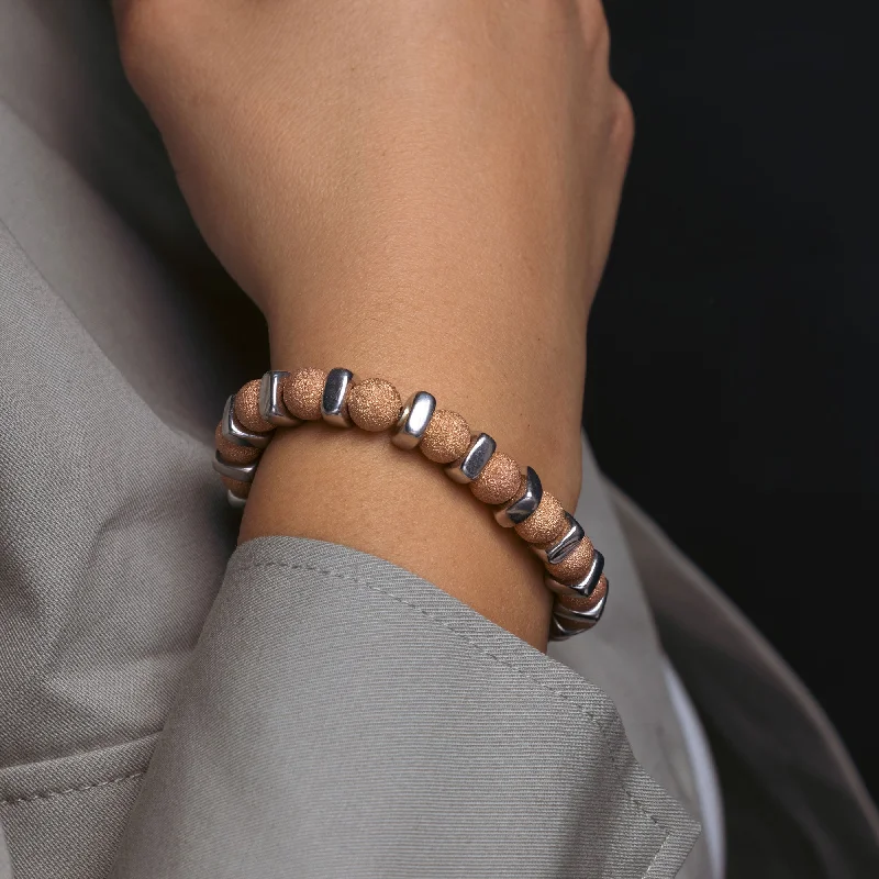 Silver 925 Rose Gold Plated Shiny Bead Bar Stretchable Italian Bracelet - ITB00089RGP