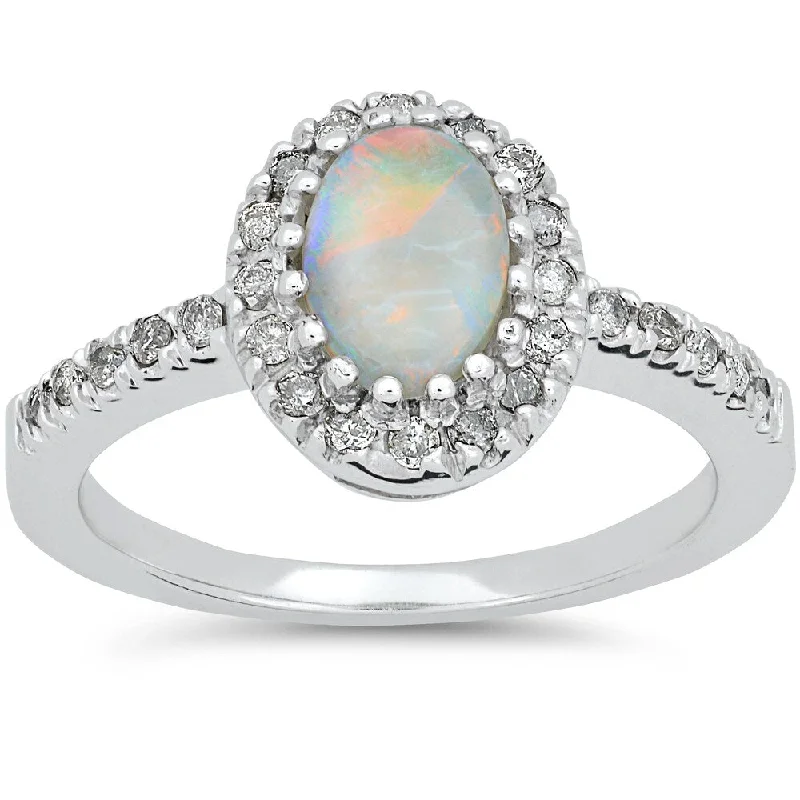 14k White Gold 1/4ct TDW Oval Opal & Diamond Halo Engagement Ring