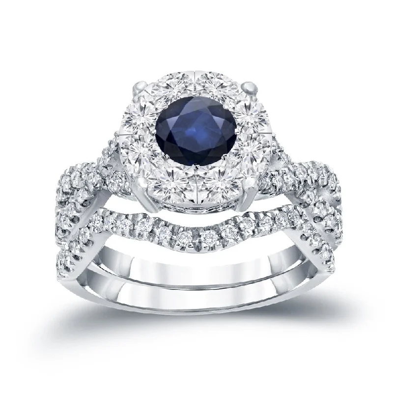 Auriya 1/3ct Blue Sapphire and 7/8ctw Braided Infinity Diamond Engagement Ring Set 14k Gold