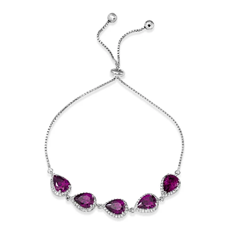 Rhodium Plated 925 Sterling Silver 5 Micro Pave Purple Pear and Clear Round CZ Lariat Bracelet - STB00549PUR