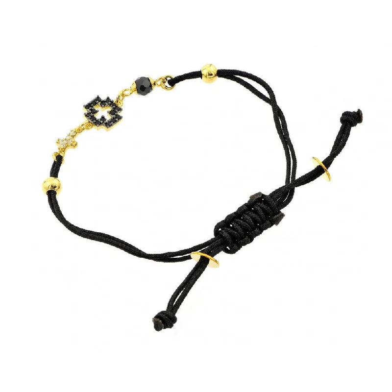 Silver 925 Gold Plated Charm CZ Black Cord Bracelet - BGB00192