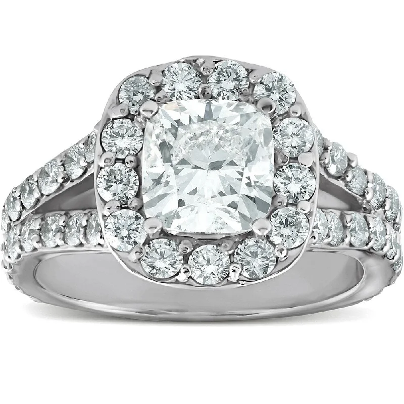 14k White Gold 3 Ct TDW Cushion Diamond Halo Split Double Band Engagement Ring Clarity Enhanced