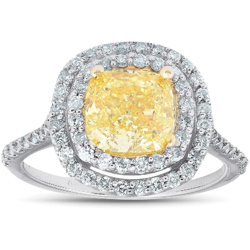 1.55Ct Diamond Fancy Intense Yellow Cushion Engagement Ring Gold (HI, SI)