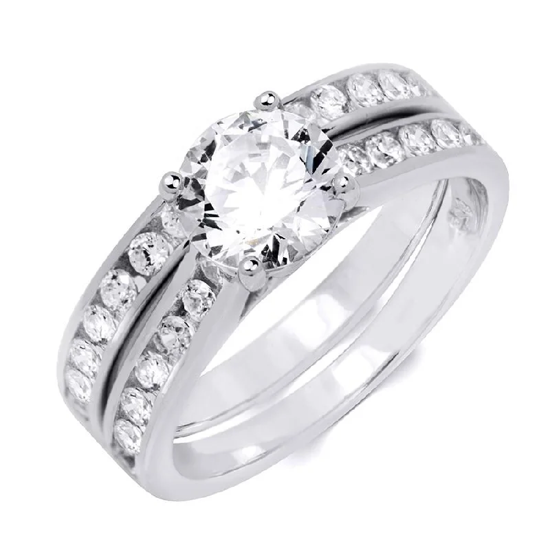 Womens Genuine 2.0 Carat CZ Wedding Band Engagement Ring Set Silver