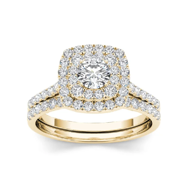 De Couer IGI Certified 10k Yellow Gold 1 1/4 ct TDW Diamond Halo Engagement Ring Set