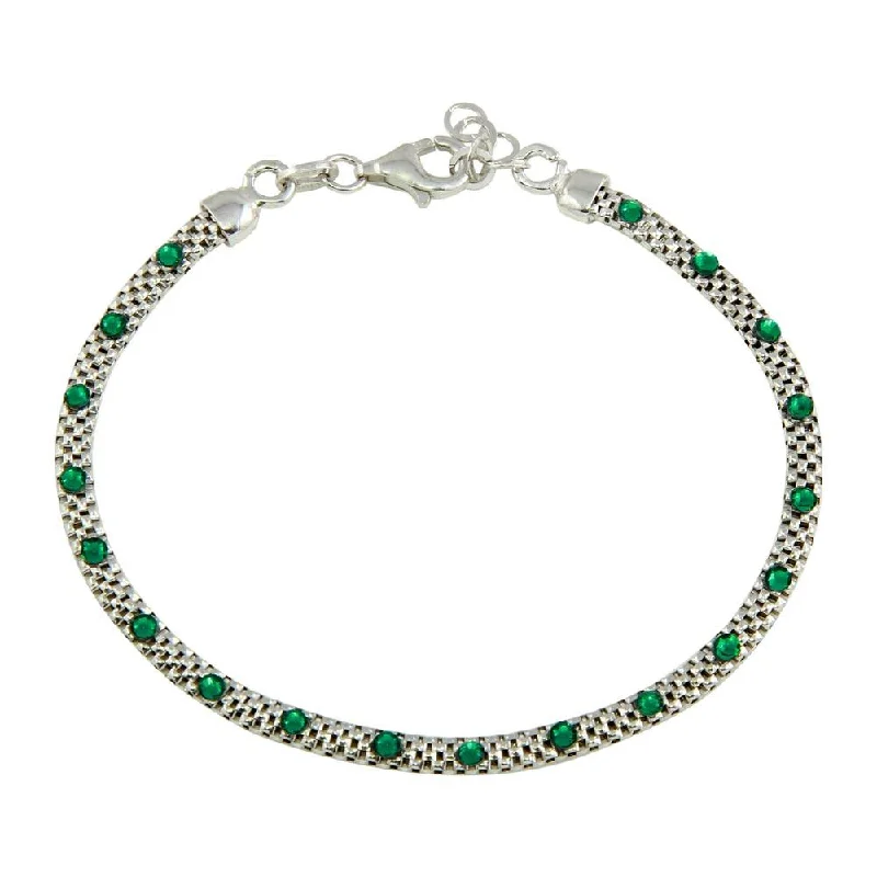 Rhodium Plated 925 Sterling Silver Bracelet with Green CZ Stones - ECB00018GRN