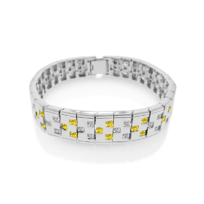 Rhodium Plated 925 Sterling Silver Men's Yellow and Clear CZ Domino Design Bracelet - STBM0012Y