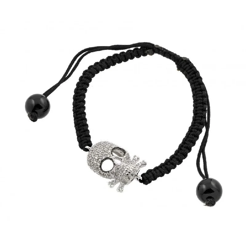 Silver 925 Rhodium Plated Open Skull CZ Black Braided Bracelet - BGB00181