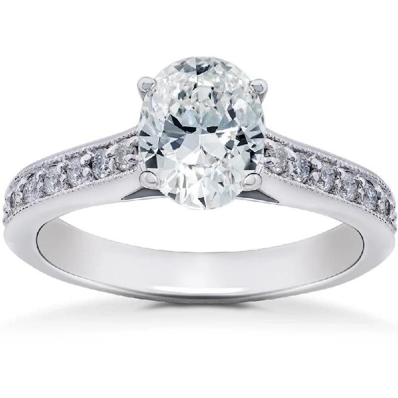 14k White Gold 1 1/3 ct TDW Oval Diamond Vintage Engagement Ring Solitaire Vintage Accent