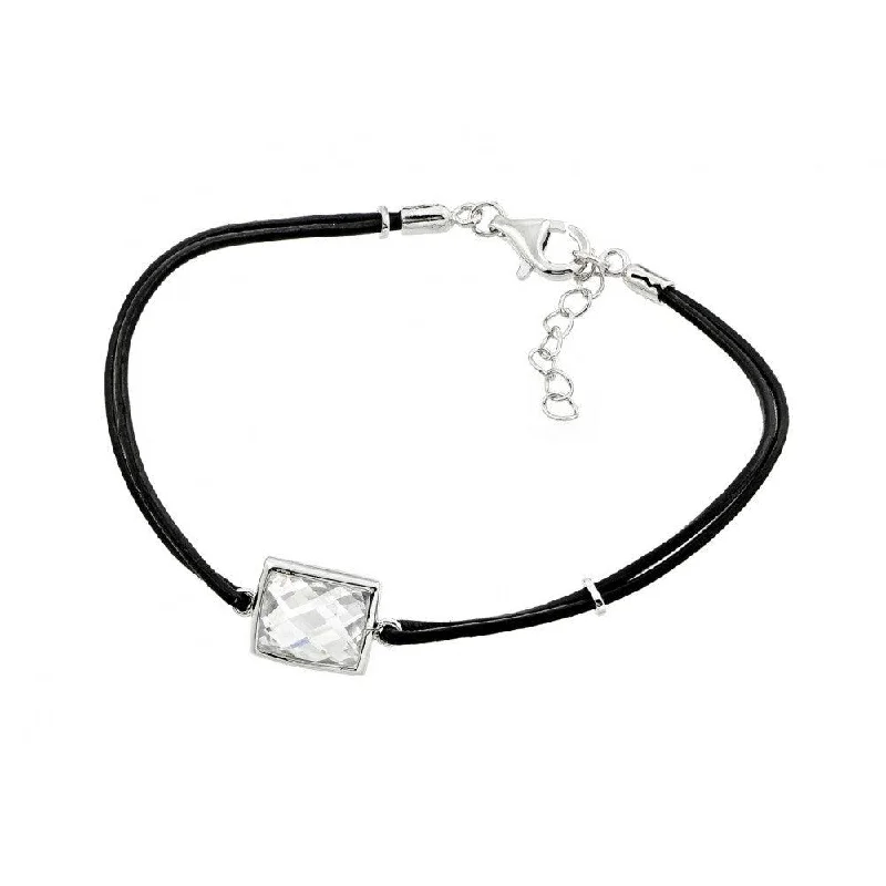 Silver 925 Rhodium Plated Square CZ Black Rope Bracelet - BGB00176