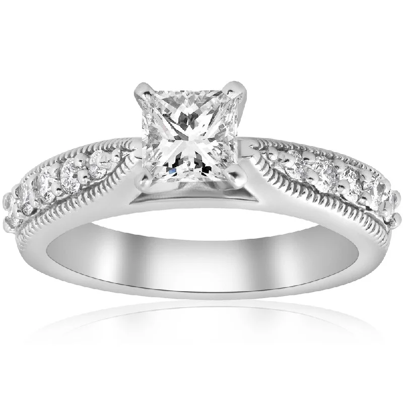 14K White Gold 1 3/8ct Vintage Princess Cut Diamond Clarity Enhanced Engagement Ring Art Deco (H-I, I1-I2)