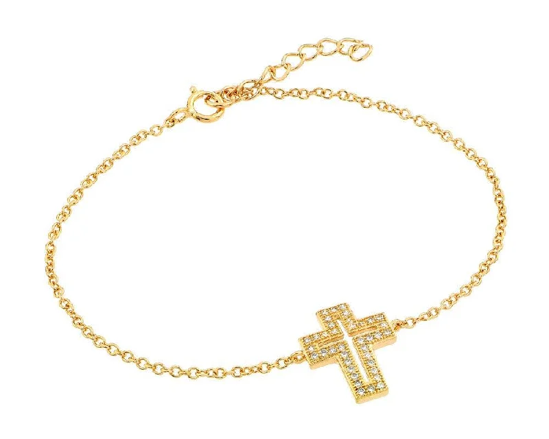 Silver 925 Gold Plated Open Cross CZ Bracelet - BGB00150