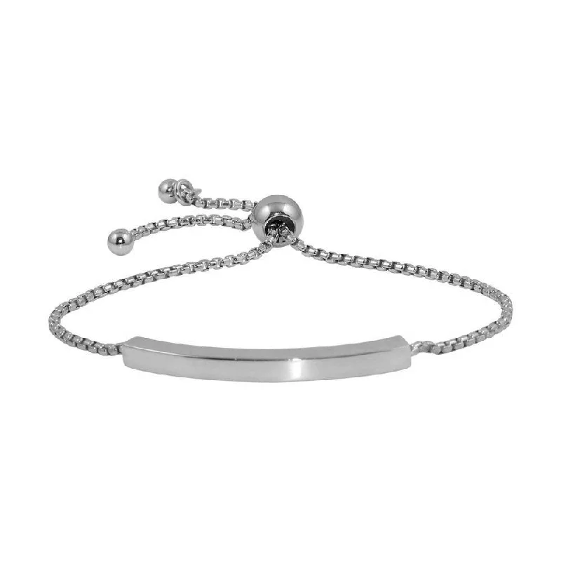 Rhodium Plated 925 Sterling Silver Round Box Chain ID Bar Bracelet - ITB00219RH