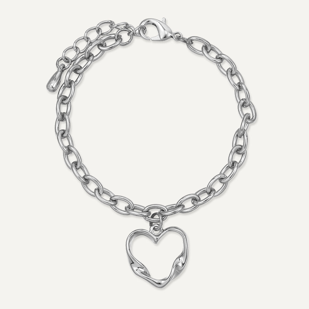 Open Heart Charm Chain Bracelet In Silver-Tone