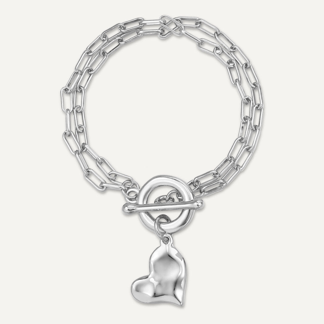 Heart Charm T-Bar Bracelet In Silver-Tone