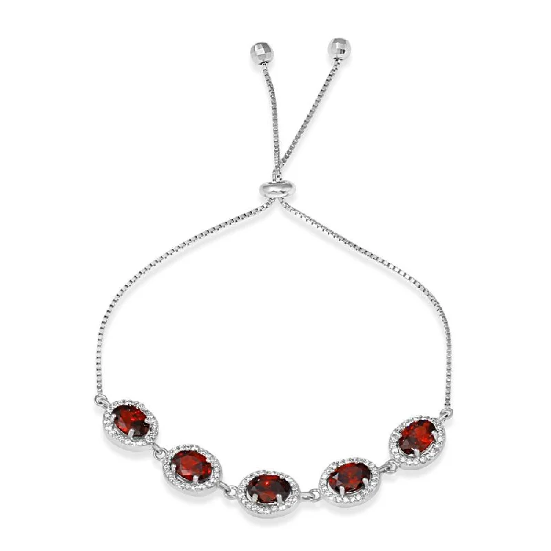 Rhodium Plated 925 Sterling Silver 5 Micro Pave Red Oval and Clear Round CZ Lariat Bracelet - STB00548RED