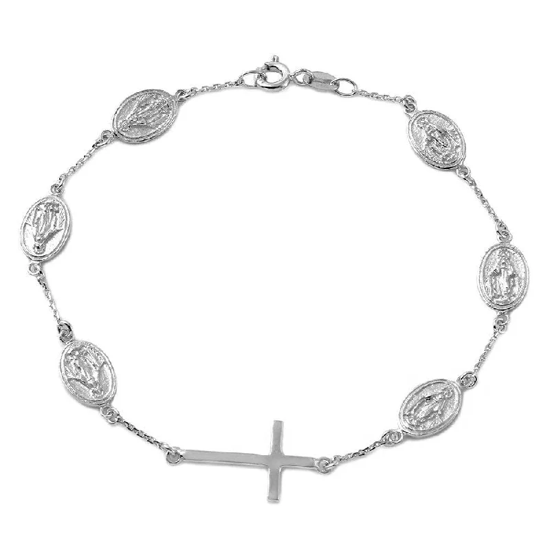 Silver 925 Rhodium Plated Cross with Religious Charms Bracelet - DIB00007RH