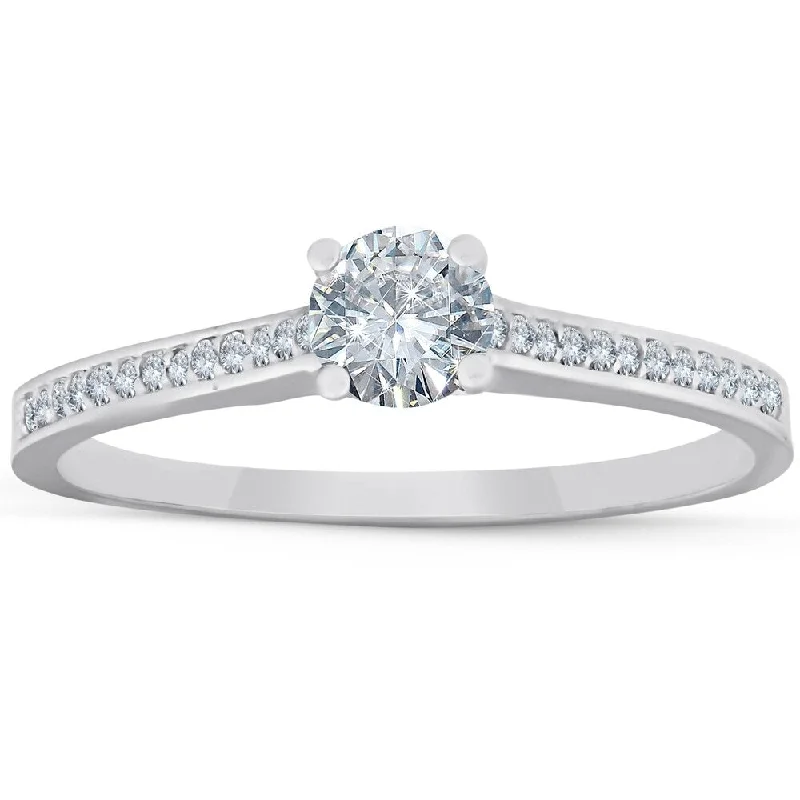 1/2 Ct Diamond Engagement Ring with Side Stones 14k White Gold