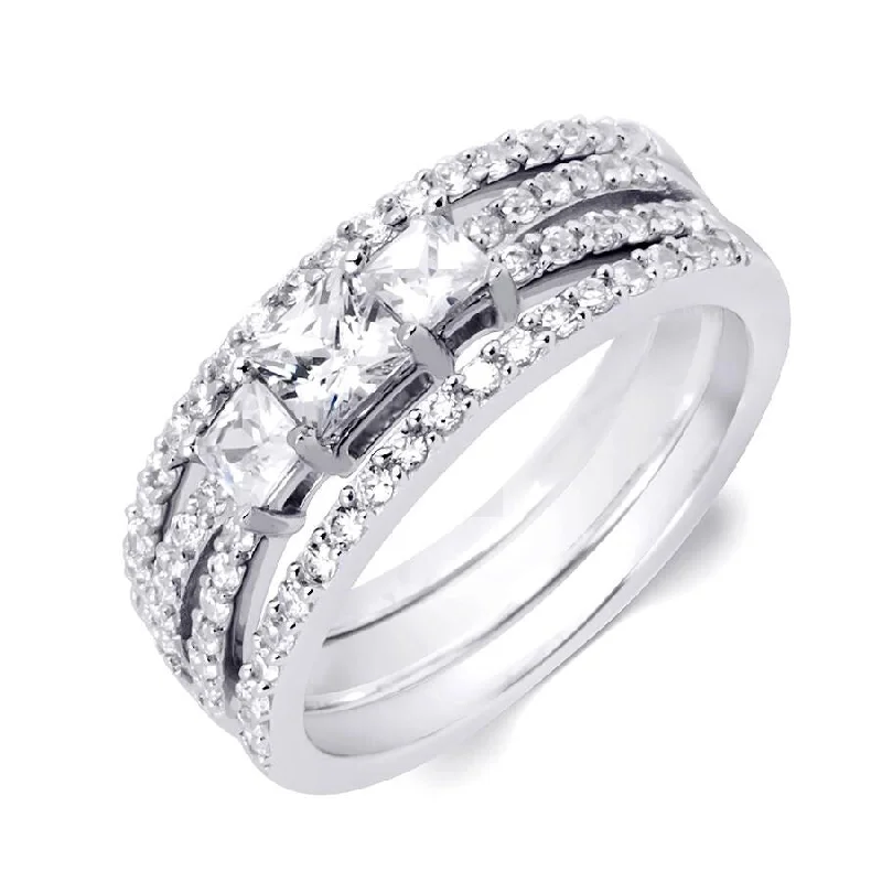 Womens Genuine 1.00 Carat Wedding Band Engagement Ring Set Silver