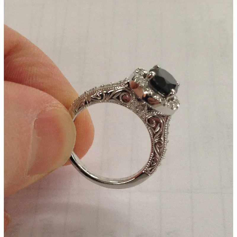 1 3/4ct Vintage Treated Black Diamond Engagement Ring White Gold