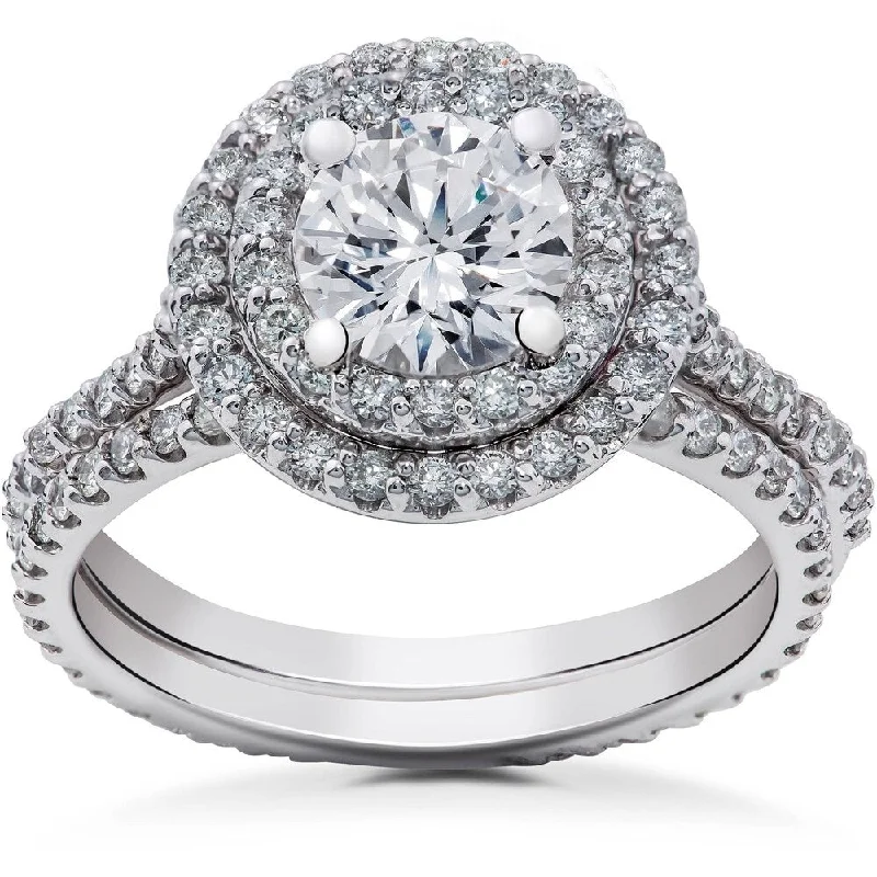 1 1/2 ct Halo Lab Created Diamond Engagement Ring & Matching Eternity Band 14k