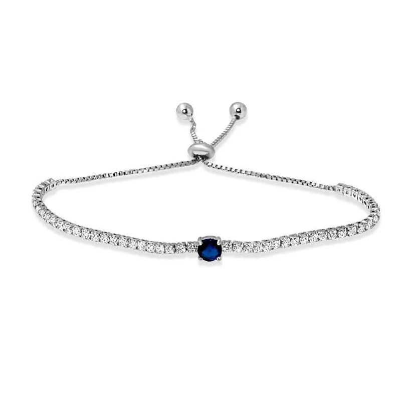 Rhodium Plated 925 Sterling Silver Round Blue and Clear CZ Lariat Bracelet - STB00546BLU