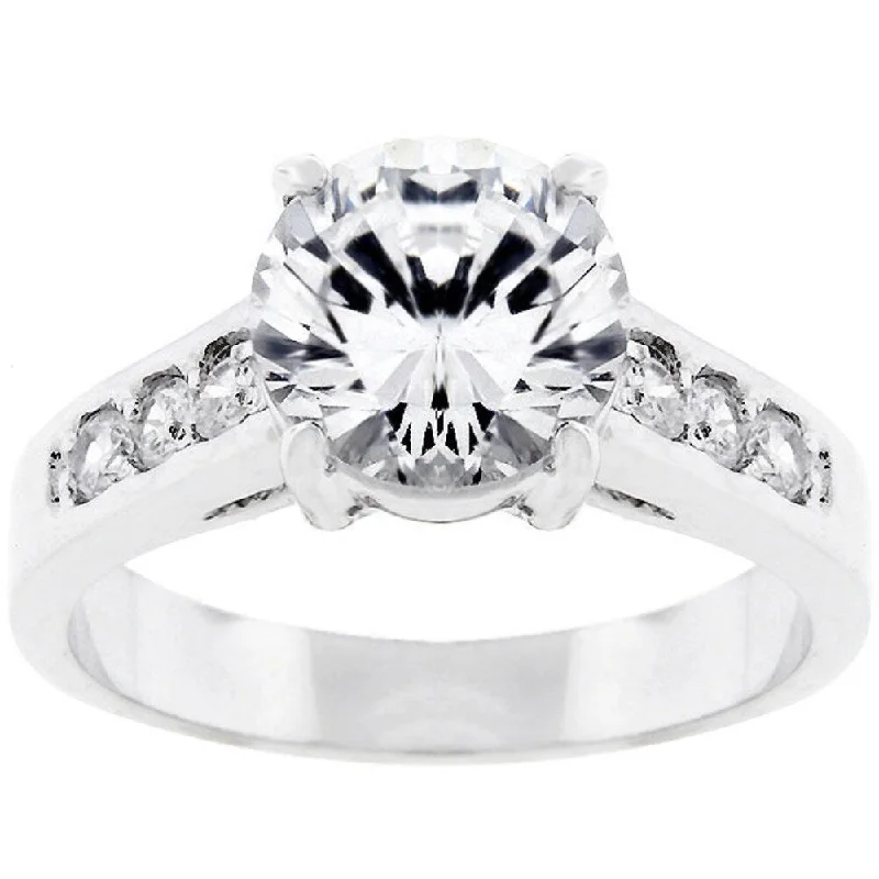 Rhodium-Plated Cathedral Style Engagement Ring with 6 Side Stones