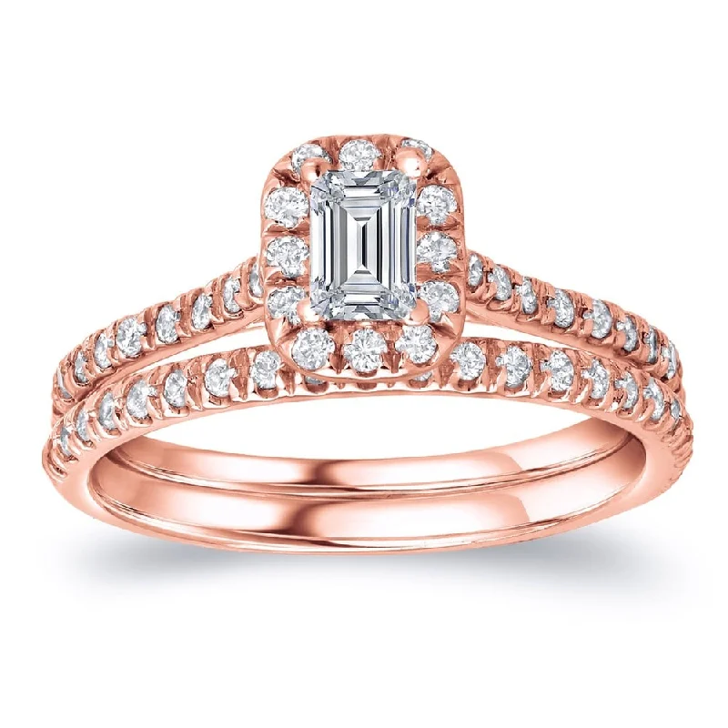 Auriya 14k Rose Gold 1ctw Emerald-Cut Diamond Halo Engagement Ring Set