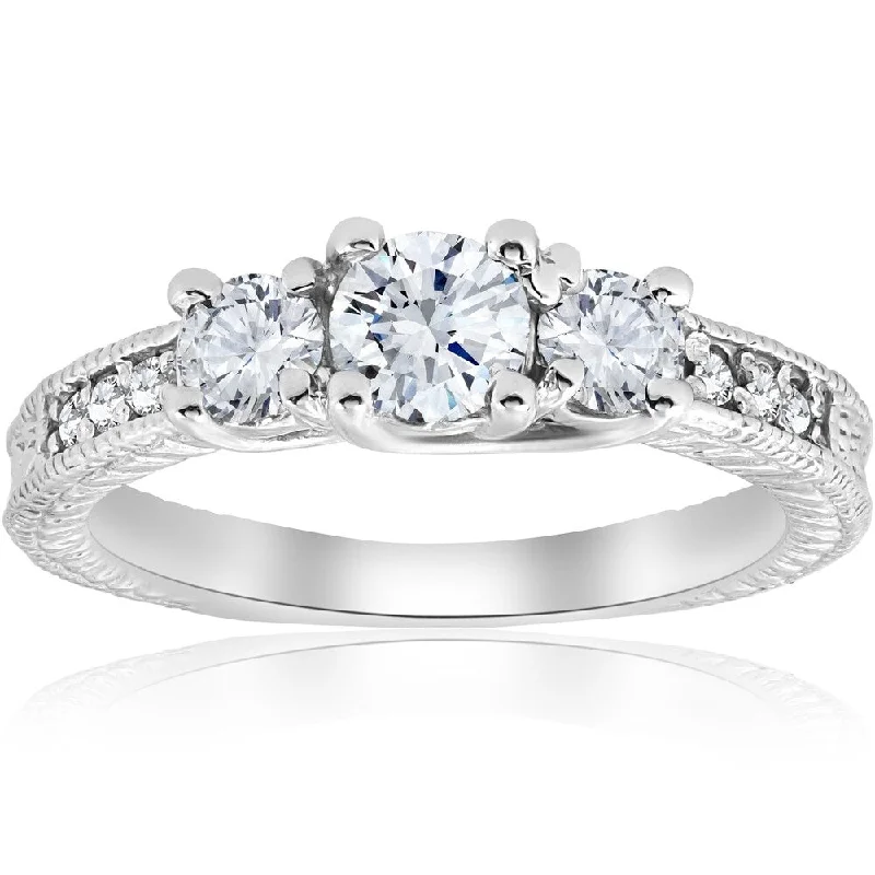 Pompeii3 14K White Gold 1 ct TDW Diamond Three Stone Vintage Engagement Ring (I-J/I2-I3)