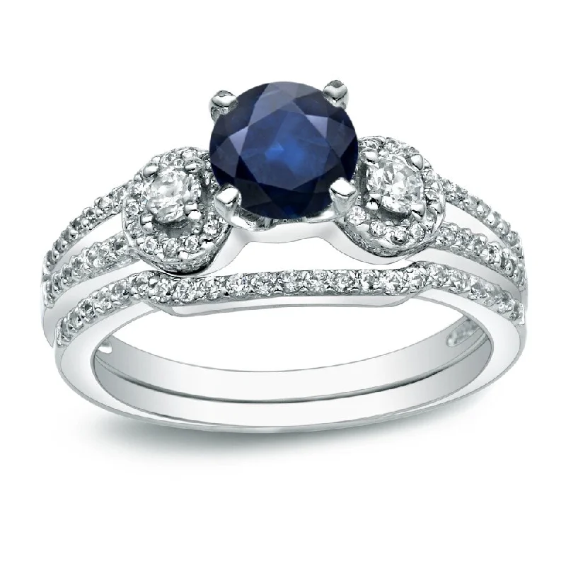 Platinum Round 1/2ct Blue Sapphire and 1/2ct TDW Diamond Engagement Ring Set by Auriya