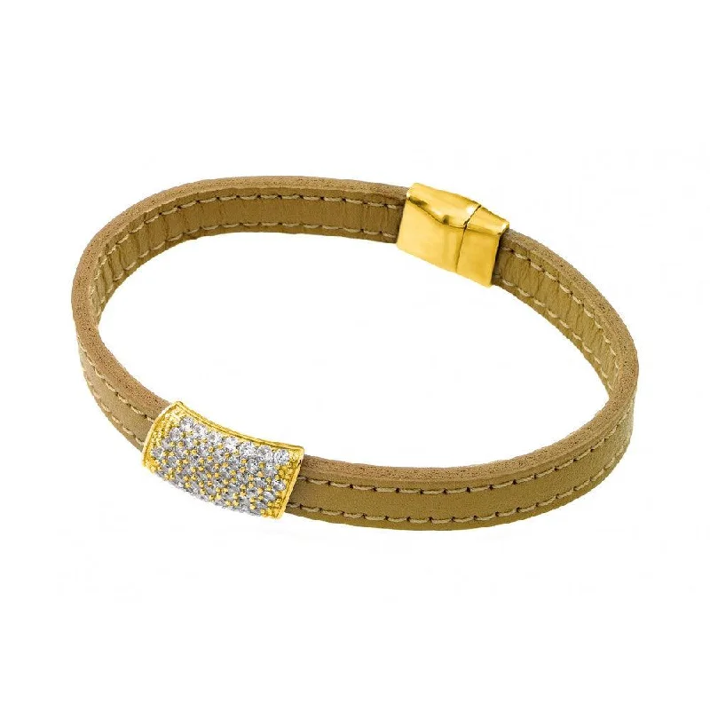 Silver 925 Gold Plated Clear CZ Inlay Yellow Leather Bracelet - ECB002GP