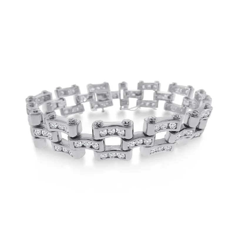 Rhodium Plated 925 Sterling Silver CZ Bike Chain Link Bracelet - STBM0020