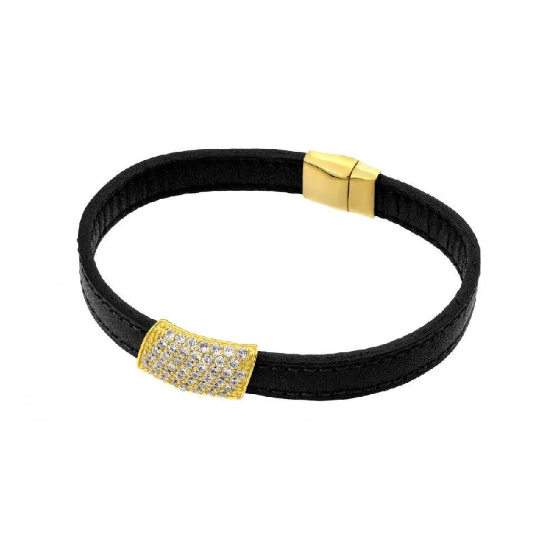 Silver 925 Gold Plated Clear Micro Pave CZ Black Leather Bracelet - ECB003GP