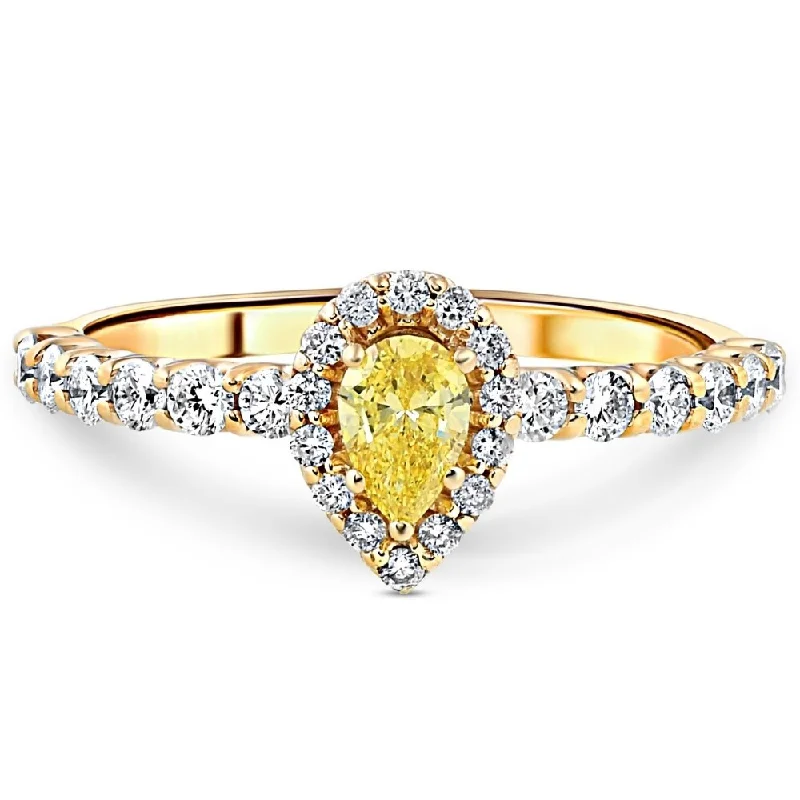 3/4CT Fancy Yellow Pear Diamond Halo Engagement Ring Yellow Gold