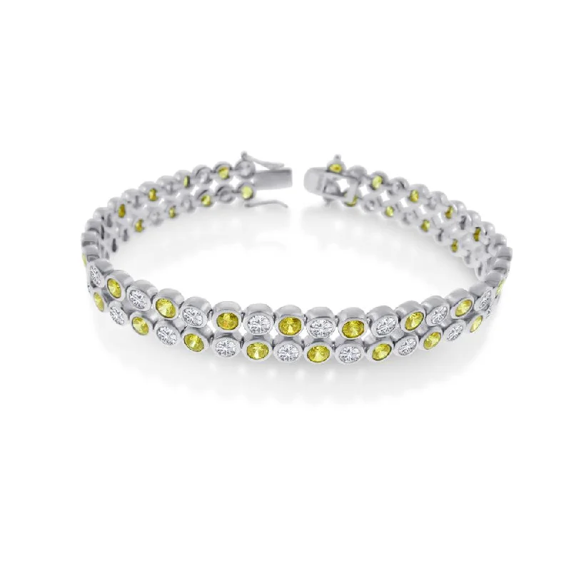 Rhodium Plated 925 Sterling Silver Men's 2 Row Clear and Yellow CZ Bubble Bracelet - STBM0018Y