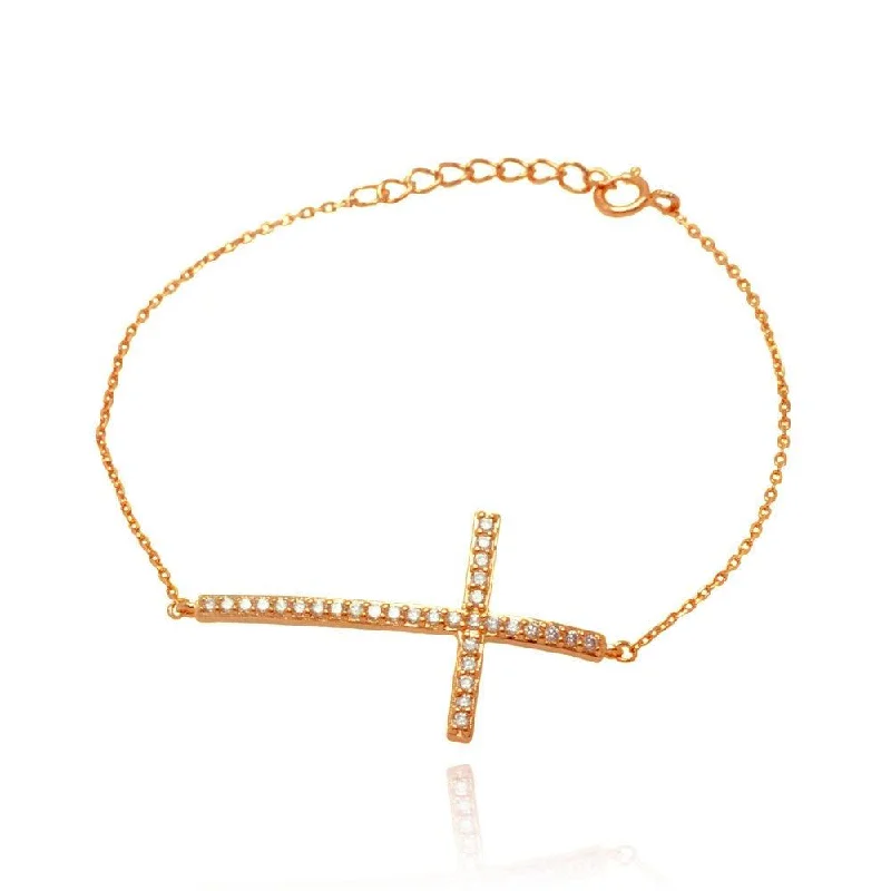 Silver 925 Rose Gold Plated Sideways Cross CZ Bracelet - BGB00125RGP