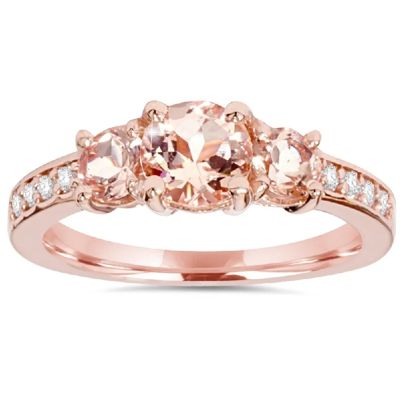 Pompeii3 14k Rose Gold 1 1/2 CTTW Morganite & Diamond 3-Stone Engagement Ring - Pink