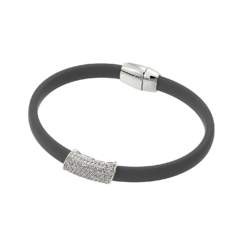 Silver 925 Rhodium Plated Clear Micro Pave CZ Grey Rubber Bracelet - ECB014RH