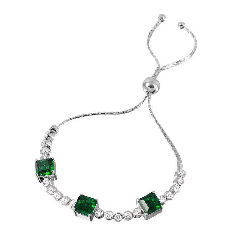 Silver 925 Rhodium Plated Green Color CZ Adjustable Bracelet - GMB00019RH-GREEN