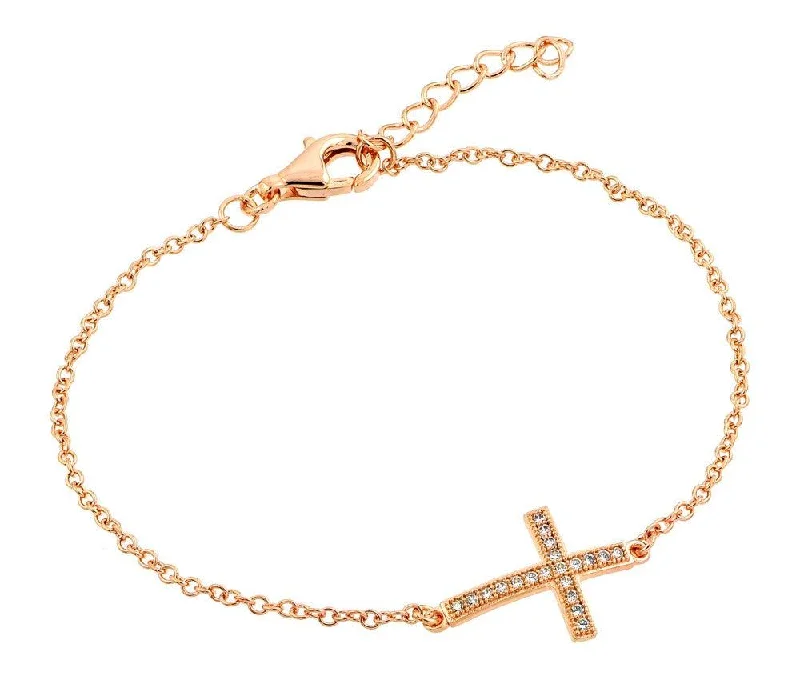 Silver 925 Rose Gold Plated Sideways Cross CZ Bracelet - BGB00158