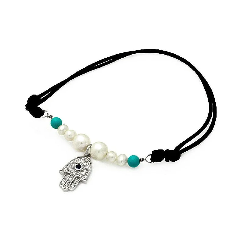 Silver 925 Rhodium Plated Pearl Turquoise Beads Hamsa Clear CZ Black Cord Bracelet - STB00491