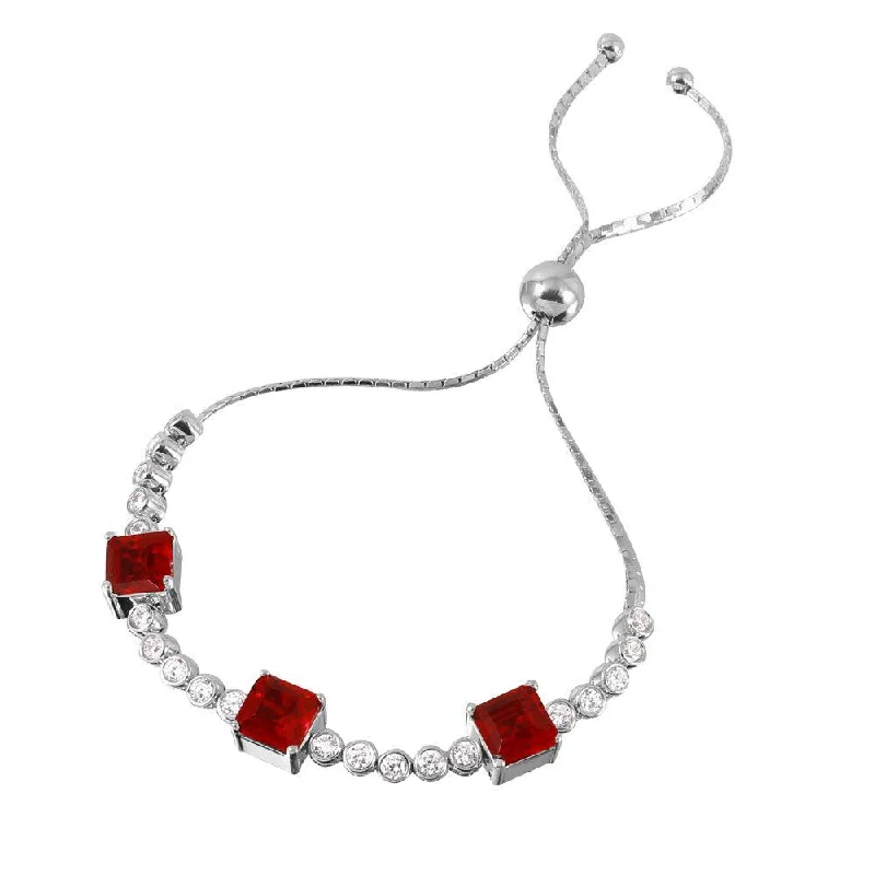 Silver 925 Rhodium Plated Ruby Color CZ Adjustable Bracelet - GMB00019RH-RED