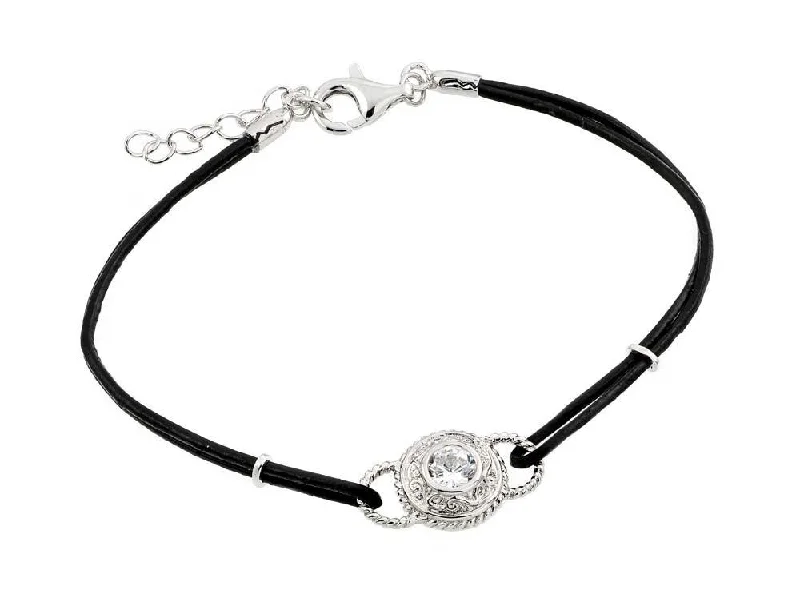 Silver 925 Rhodium Plated Circle Center Clear CZ Black Rope Bracelet - BGB00174