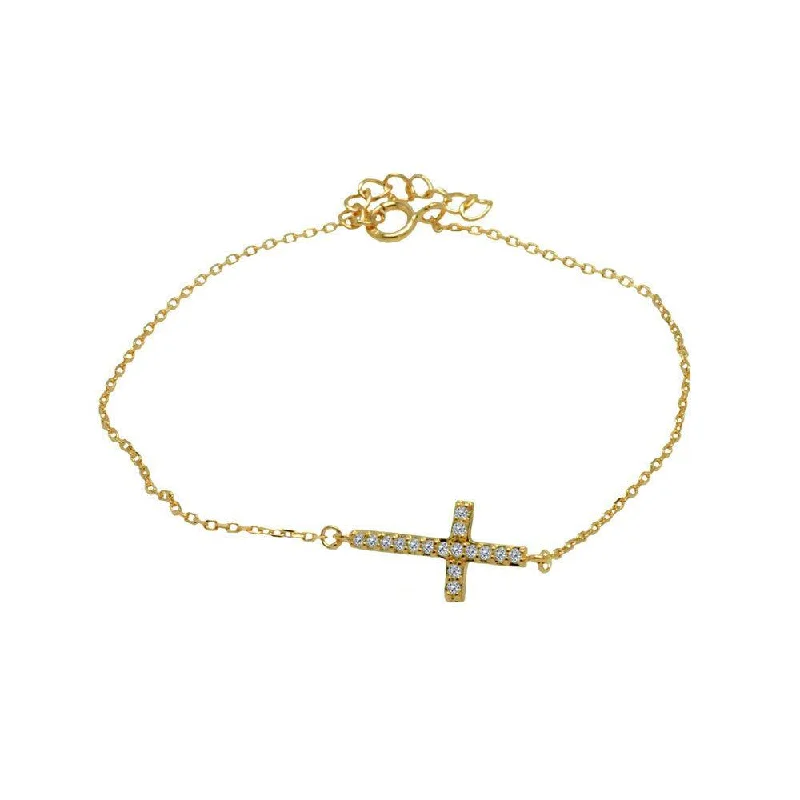 Silver 925 Gold Plated Sideways Cross Clear CZ Inlay Bracelet - BGB00145