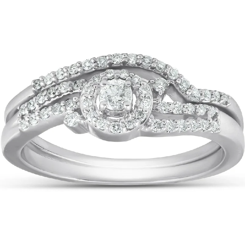 Pompeii3 10k White Gold 1/3 Ct TDW Halo Diamond Engagement Ring Twist Wedding Band Set