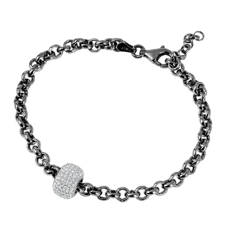 Silver 925 Black Rhodium Plated Rolo Bracelet with Micro Pave Center Bead - ECB00047BW