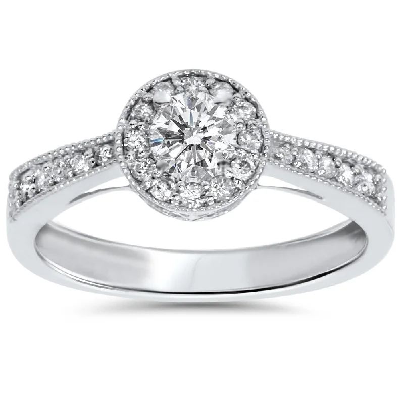 10k White Gold 1/2ct TDW Halo Vintage Milgrain Diamond Engagement Ring