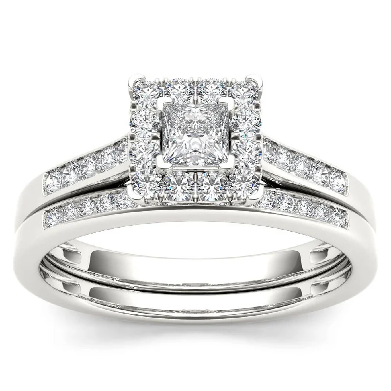 De Couer 10k White Gold 1/2ct TDW Diamond Halo Engagement Ring Set with One Band